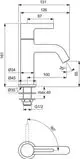 Standventil von Ideal Standard mit einem Auslauf von 100 mm, abgebildet in Seitenansicht und mit Maßangaben für Installation und Nutzung.